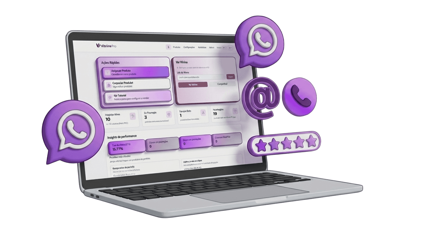 Dashboard do VitriinePro com insights de performance e ações rápidas